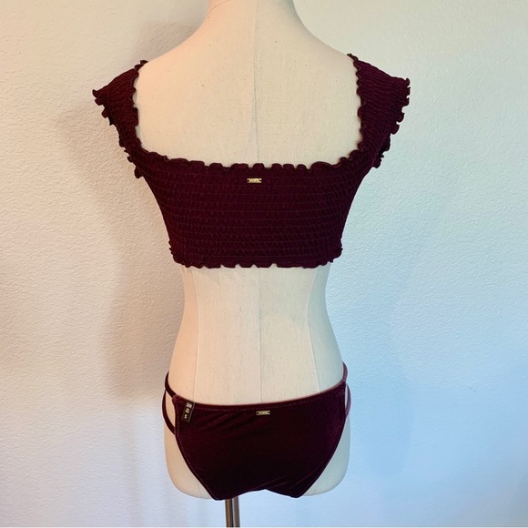 VS PINK Maroon Dark Red Smocked Crop Top Velvet String Mini Bikini Swimsuit - Picture 4 of 12